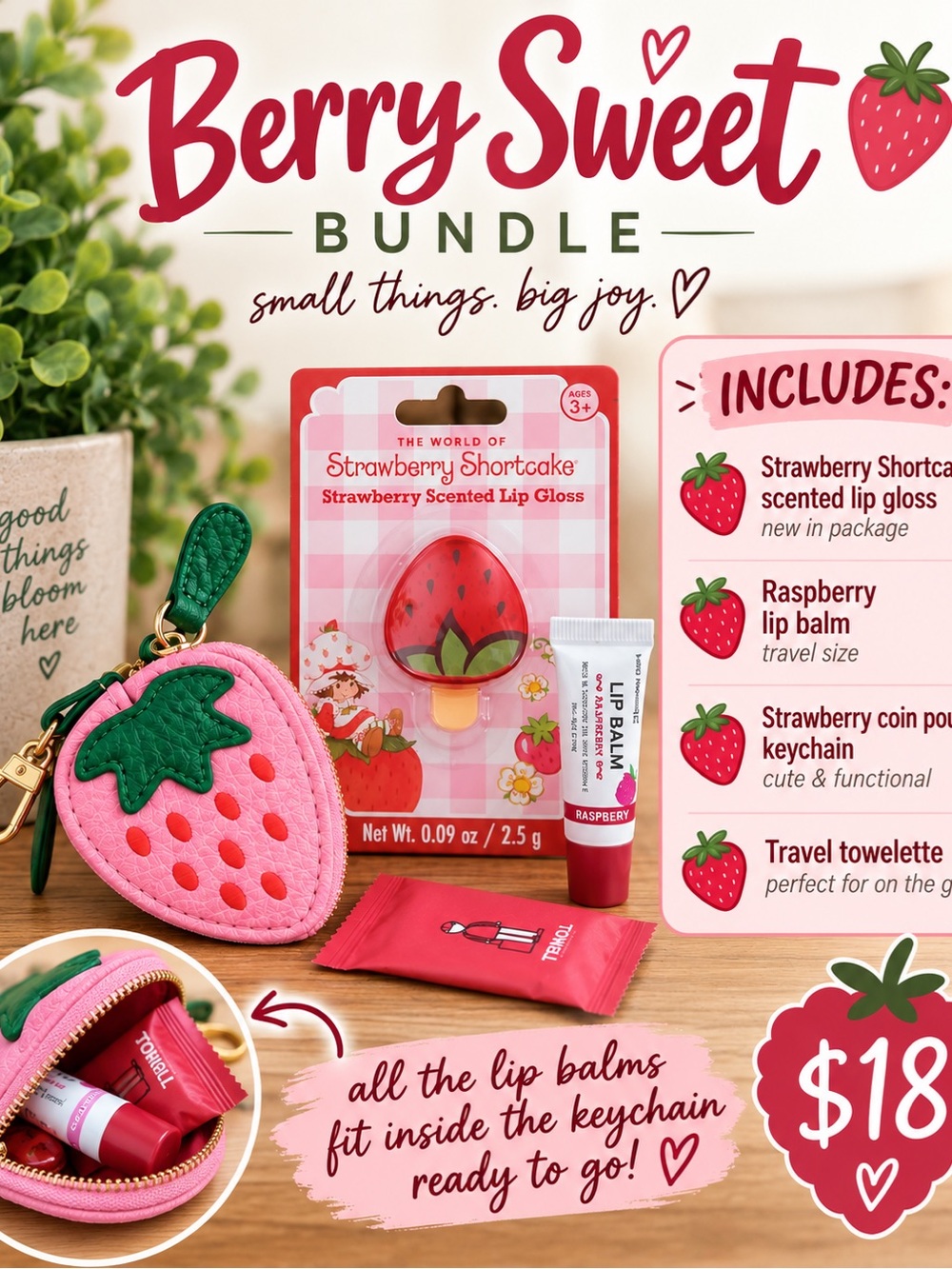 Strawberry Shortcake Keychain Lip Bundle: Gloss, Lip Balm, + Zipper Pouch